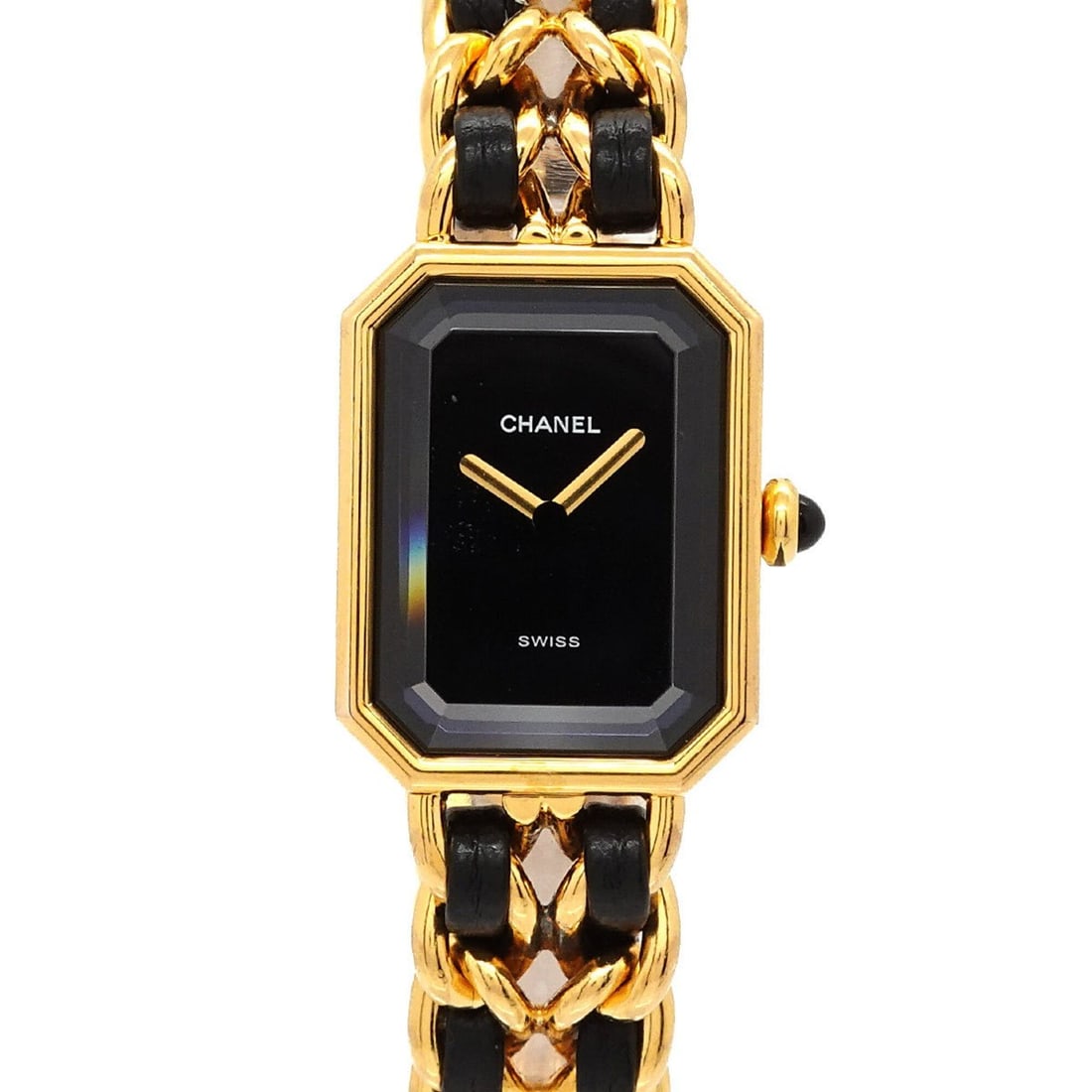 Chanel Premiere Large Size H0001 Women's Watch Black Gold Quartz: --- Catalog ---Category: SizeWrist Size: 16.5cm / 6.49''Case Diameter: 20mm / 0.79''Category: DesignType: WristwatchGender: WomenColor (Dial): BlackMaterial (Band): Gold plated, Leather, Stainless ste