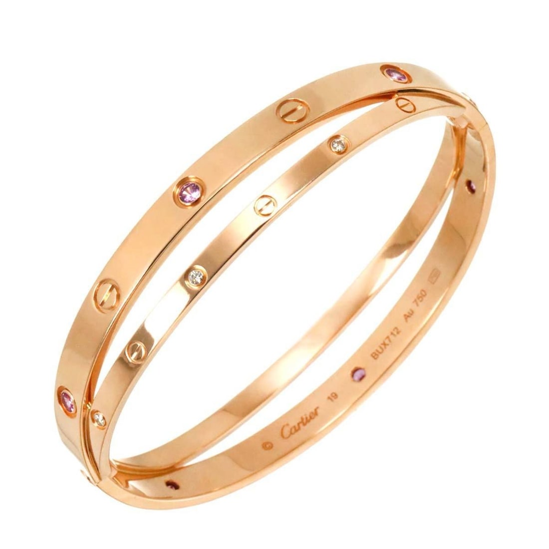 Cartier Love Bracelet #19, Sapphire and Diamond, 18K Pink Gold 750 Bangle: --- Catalog ---Category: SizeLength: 19cm / 7.48''Category: DesignType: BangleGender: WomenMaterial: Pink gold (18K)Category: GeneralBrand: Cartier--- Item List ---Section: ConditionRanking: Rank SA U