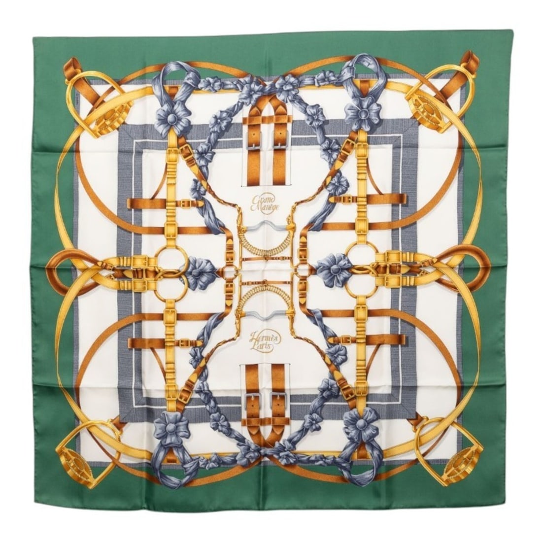 Hermes Carre 90 GRAND MANEGE (Grand Training Technique) Equestrian Scarf/Muffler, Green Multicolor: --- Catalog ---Category: SizeSize (LxW): 88cm x 89cm / 34.64'' x 35.03''Category: DesignType: ScarfColor: Green, Multi-colorGender: WomenMaterial: Silk Category: GeneralBrand: Hermes--- Item List ---S