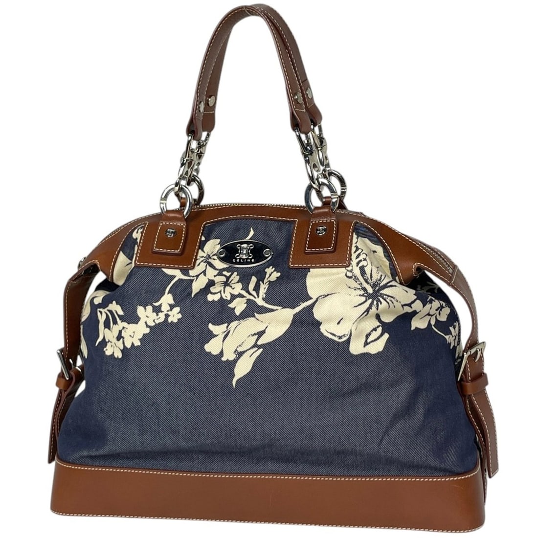 Celine Blazon handbag, hibiscus pattern, denim, navy, brown, women's.: --- Catalog ---Category: SizeSize (HxWxD): 25cm x 37cm x 15cm / 9.84'' x 14.56'' x 5.9''Category: DesignType: HandbagColor: Brown, NavyGender: WomenMaterial: Denim , Leather Category: GeneralBrand: Ce