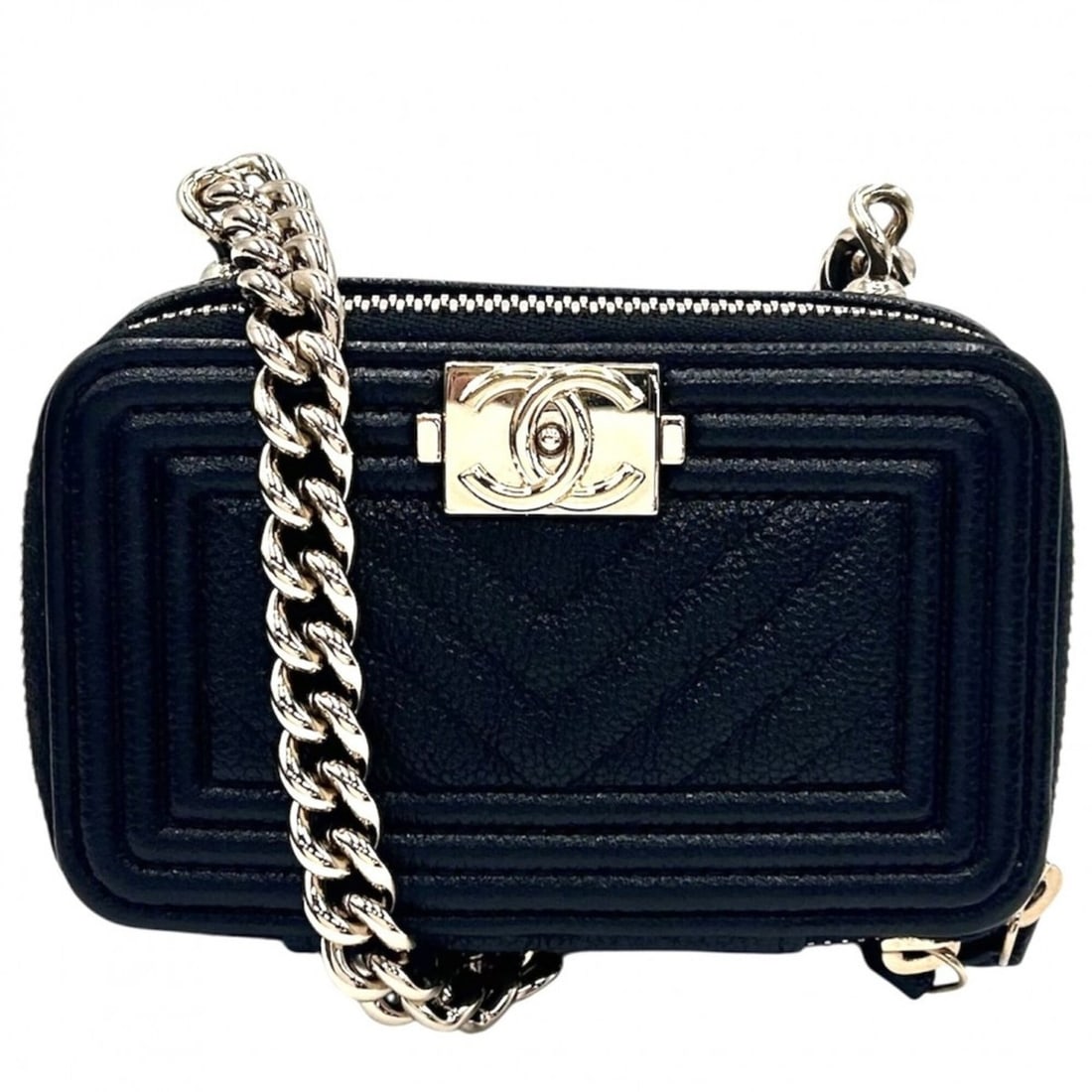 Chanel shoulder bag for women, Boy coin purse, mini chain bag, cross-body pouch, Coco mark, handbag,: --- Catalog ---Category: SizeSize (HxWxD): 7cm x 11cm x 4cm / 2.75'' x 4.33'' x 1.57''Category: DesignType: Shoulder bagColor: BlackGender: WomenMaterial: Grained Calfskin Category: GeneralBrand: Chan