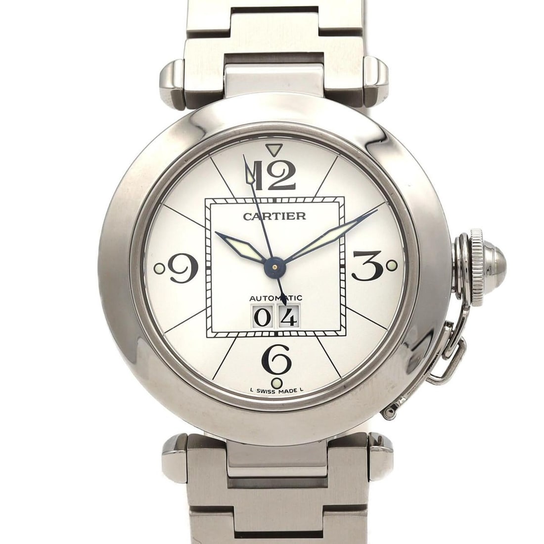 Cartier Pasha C Grande Date W31055M7 Stainless Steel Automatic Watch: --- Catalog ---Category: SizeWrist Size: 18cm / 7.08''Case Diameter: 35mm / 1.38''Category: DesignType: WristwatchGender: Men,WomenColor (Dial): WhiteMaterial (Band): Stainless steelMaterial (Case): S