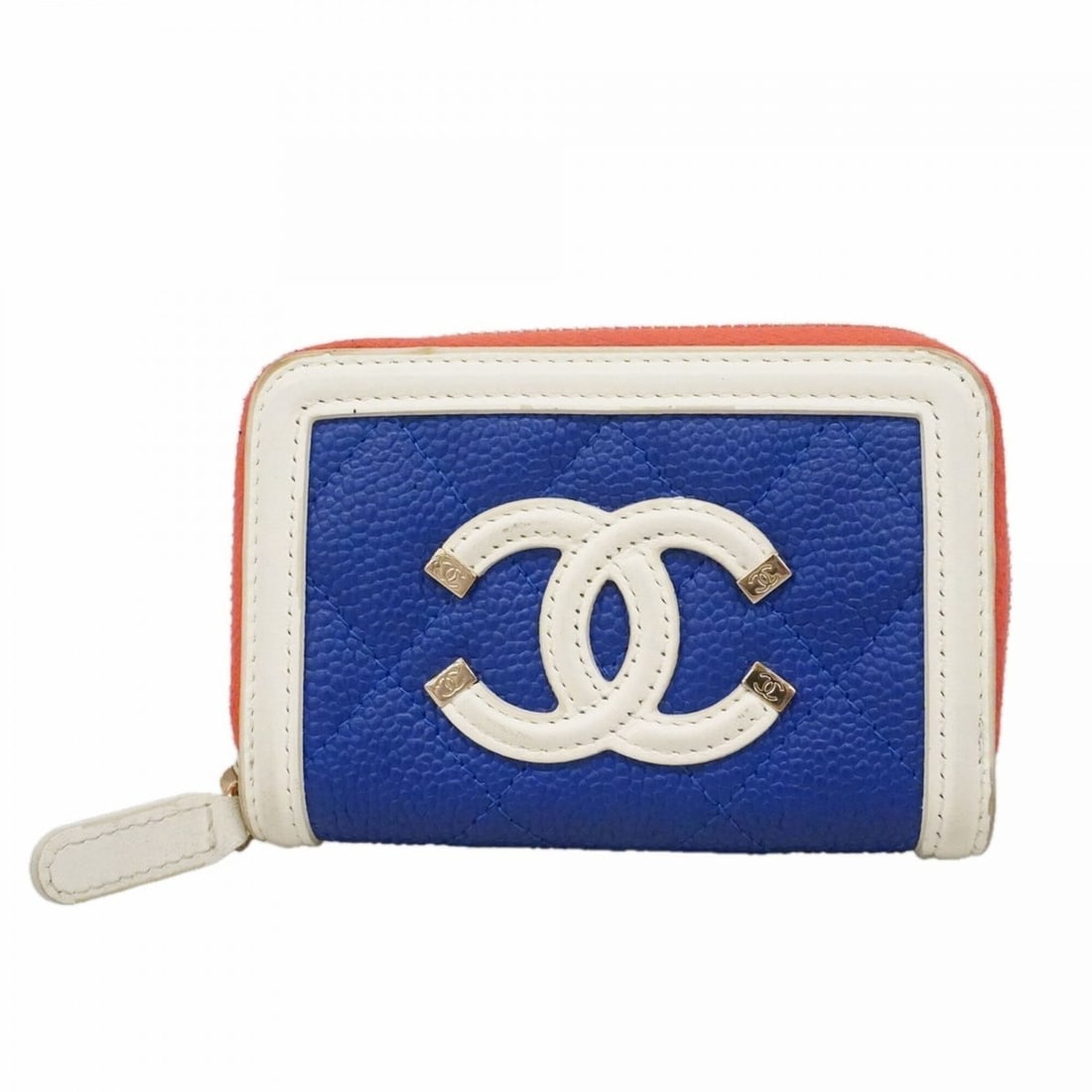 Chanel CC Filigree Caviar Skin Wallet/Coin Case, Blue, White, Red, Women's, OP008156: --- Catalog ---Category: SizeSize (HxWxD): 7.5cm x 10.5cm x 2cm / 2.95'' x 4.13'' x 0.78''Category: DesignType: Coin purse/coin caseColor: Blue, Red color, WhiteGender: WomenMaterial: Grained Calfskin