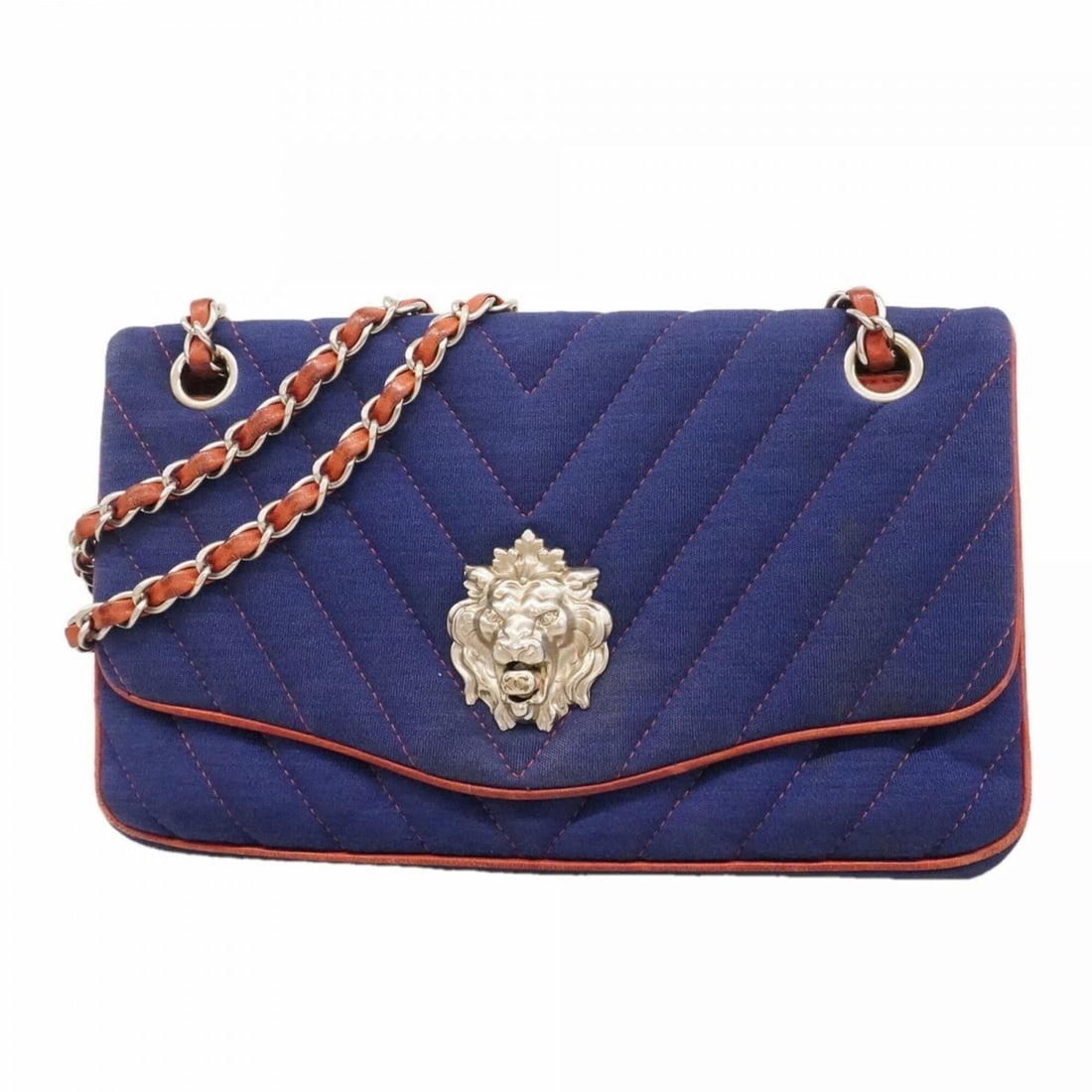 Chanel Shoulder Bag, V-stitch, Double Chain, Canvas, Navy Red, Women's, OP003183: --- Catalog ---Category: SizeSize (HxWxD): 16cm x 26cm x 6.5cm / 6.29'' x 10.23'' x 2.55''Category: DesignType: Shoulder bagColor: Navy, Red colorGender: WomenMaterial: Canvas Hardware Color: SilverCa