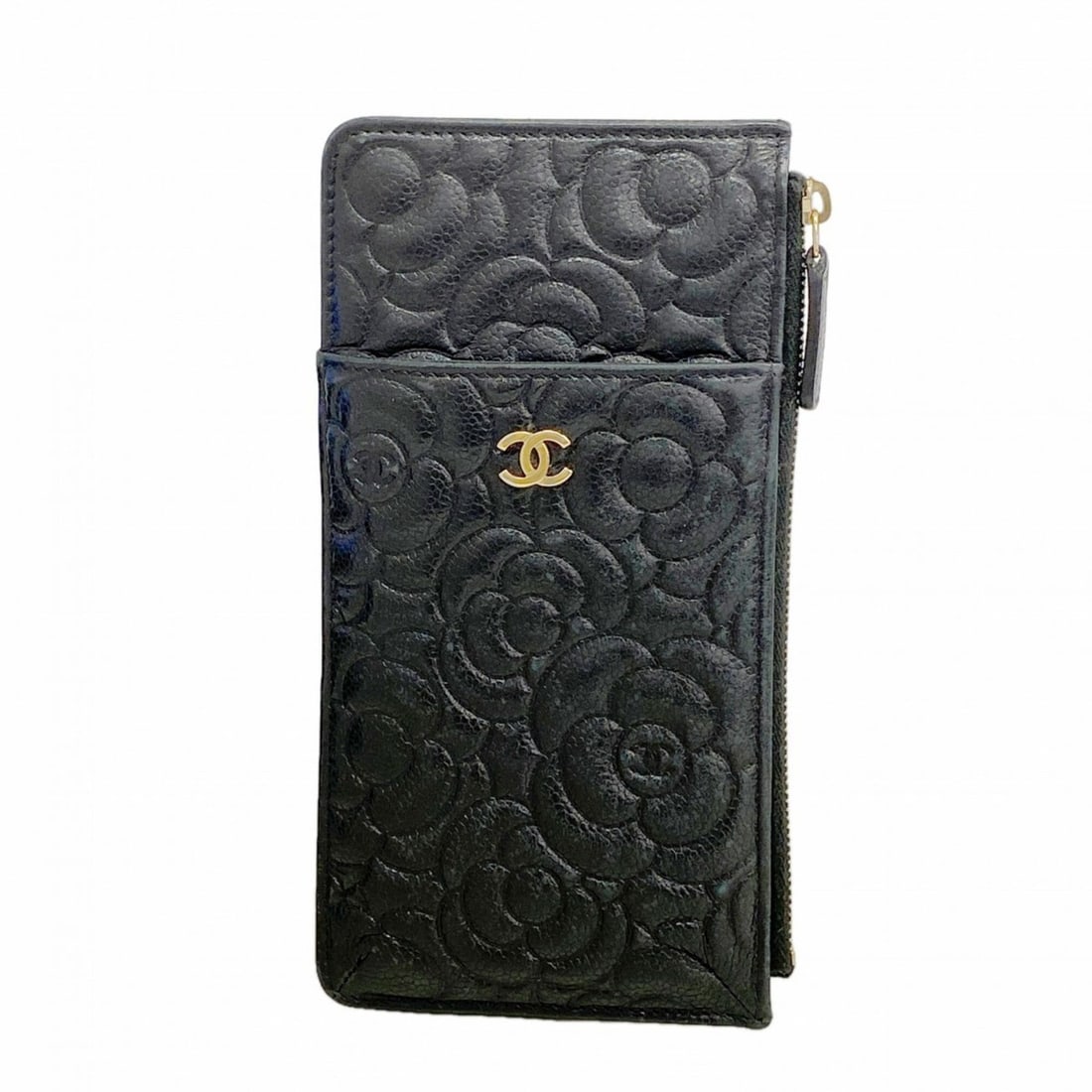 Chanel Long Wallet, Camellia Design, Caviar Leather, Black/Champagne, Women's, OP003113: --- Catalog ---Category: SizeSize (HxWxD): 20cm x 10.5cm x 5.00mm / 7.87'' x 4.13'' x 0.19''Category: DesignType: Long wallet (bi-fold)Color: BlackGender: WomenMaterial: Grained Calfskin Category: Gen