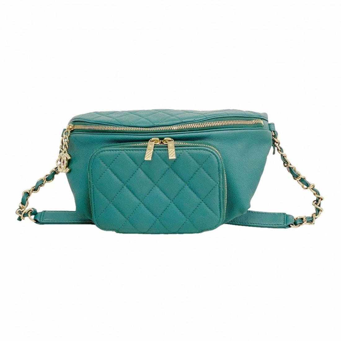 Chanel Matelassé Waist Bag, Caviar Leather, Green Champagne, Women's, OP000336: --- Catalog ---Category: SizeSize (HxWxD): 14.5cm x 24.5cm x 2cm / 5.7'' x 9.64'' x 0.78''Category: DesignType: Fanny packColor: GreenGender: WomenMaterial: Grained Calfskin Hardware Color: Champagne 