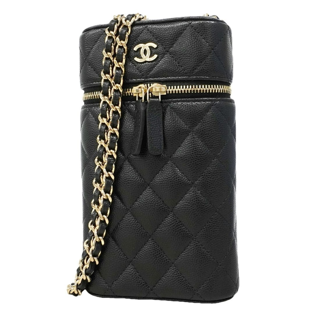 Chanel Matelassé Chain Shoulder Bag, Caviar Leather, Black/Champagne, Women's, OP011938: --- Catalog ---Category: SizeSize (HxWxD): 18cm x 10cm x 4.5cm / 7.08'' x 3.93'' x 1.77''Category: DesignType: Shoulder bagColor: BlackGender: WomenMaterial: Grained Calfskin Hardware Color: Champagne
