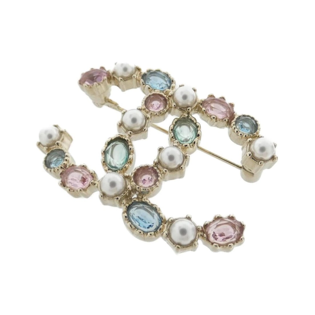 Chanel brooch: --- Catalog ---Category: SizeSize (HxWxD): 3cm x 4.5cm / 1.18'' x 1.77''Category: DesignType: BroochColor: Blue, Gold, Pink, WhiteGender: WomenMaterial: Artificial pearlCategory: GeneralBrand: