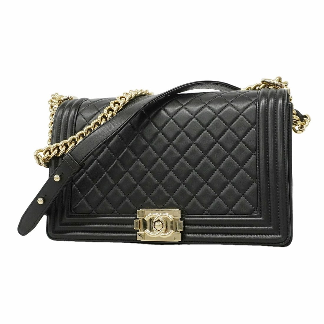 Chanel Boy Chain Shoulder Bag, Lambskin, Black/Champagne, Women's, OP001637: --- Catalog ---Category: SizeSize (HxWxD): 18cm x 28cm x 8cm / 7.08'' x 11.02'' x 3.14''Category: DesignType: Shoulder bagColor: BlackGender: WomenMaterial: Leather Hardware Color: Champagne goldLeath