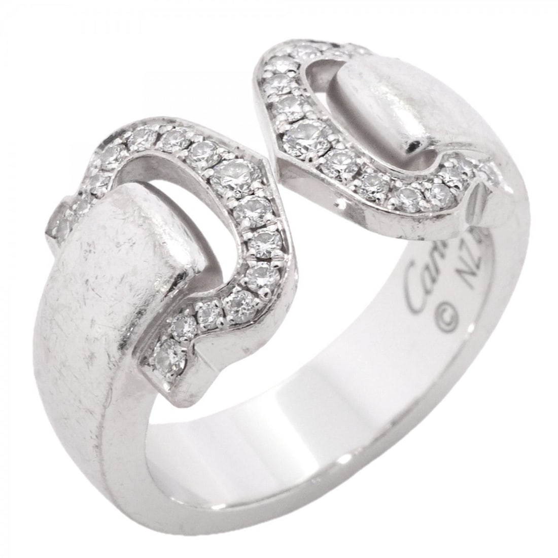 Cartier 2C Boucle Ring, 18K White Gold, Diamond, Size #47, Ladies': --- Catalog ---Category: SizeUS Size: 4Brand Size: 47Category: DesignType: Band ringStone: DiamondGender: WomenMaterial: White gold (18K)Category: GeneralBrand: Cartier--- Item List ---Section: Condit