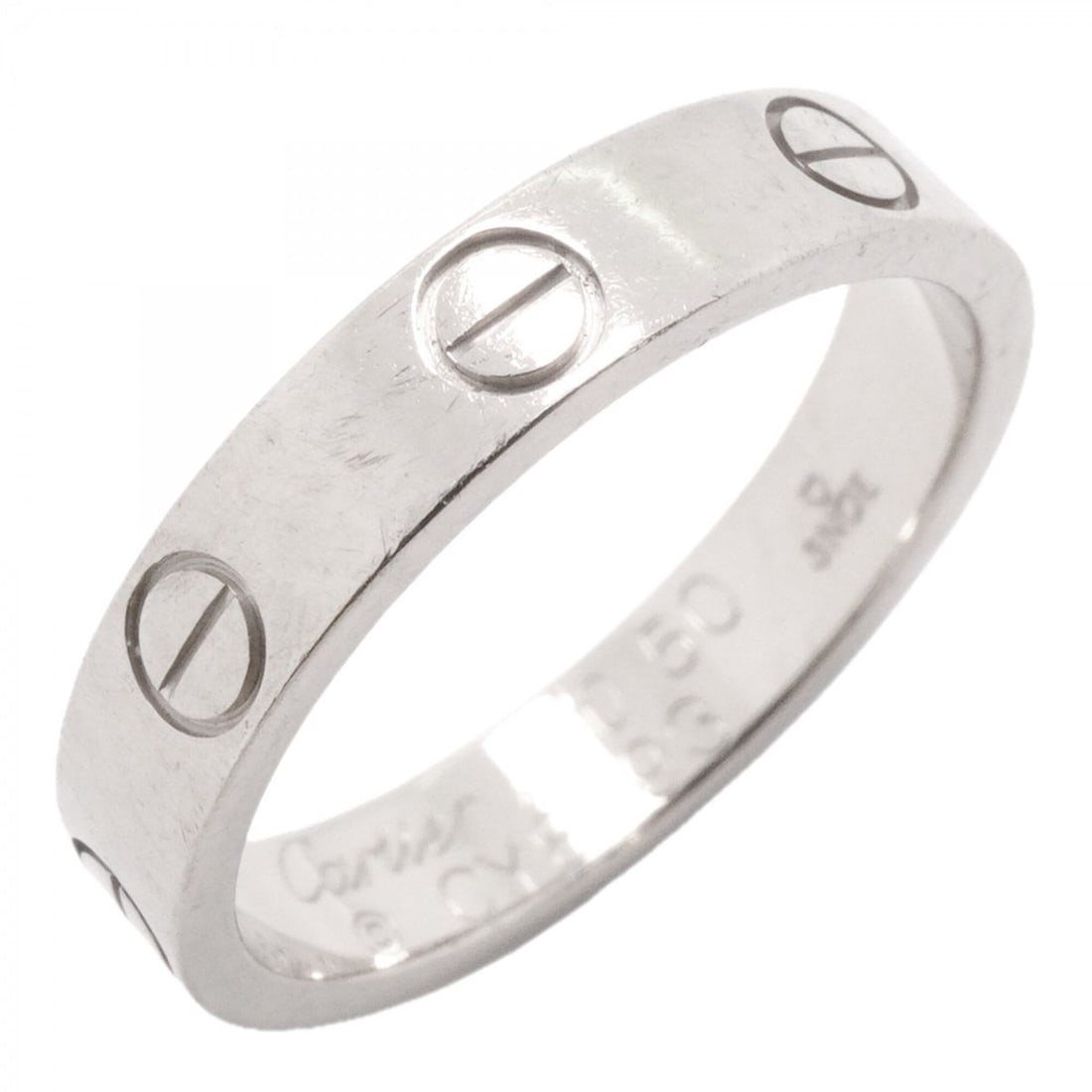 Cartier Mini Love Ring, 18K White Gold, Size #50, Ladies' Ring: --- Catalog ---Category: SizeUS Size: 5.5Brand Size: 50Category: DesignType: Band ringGender: WomenMaterial: White gold (18K)Category: GeneralBrand: Cartier--- Item List ---Section: ConditionRanking: 