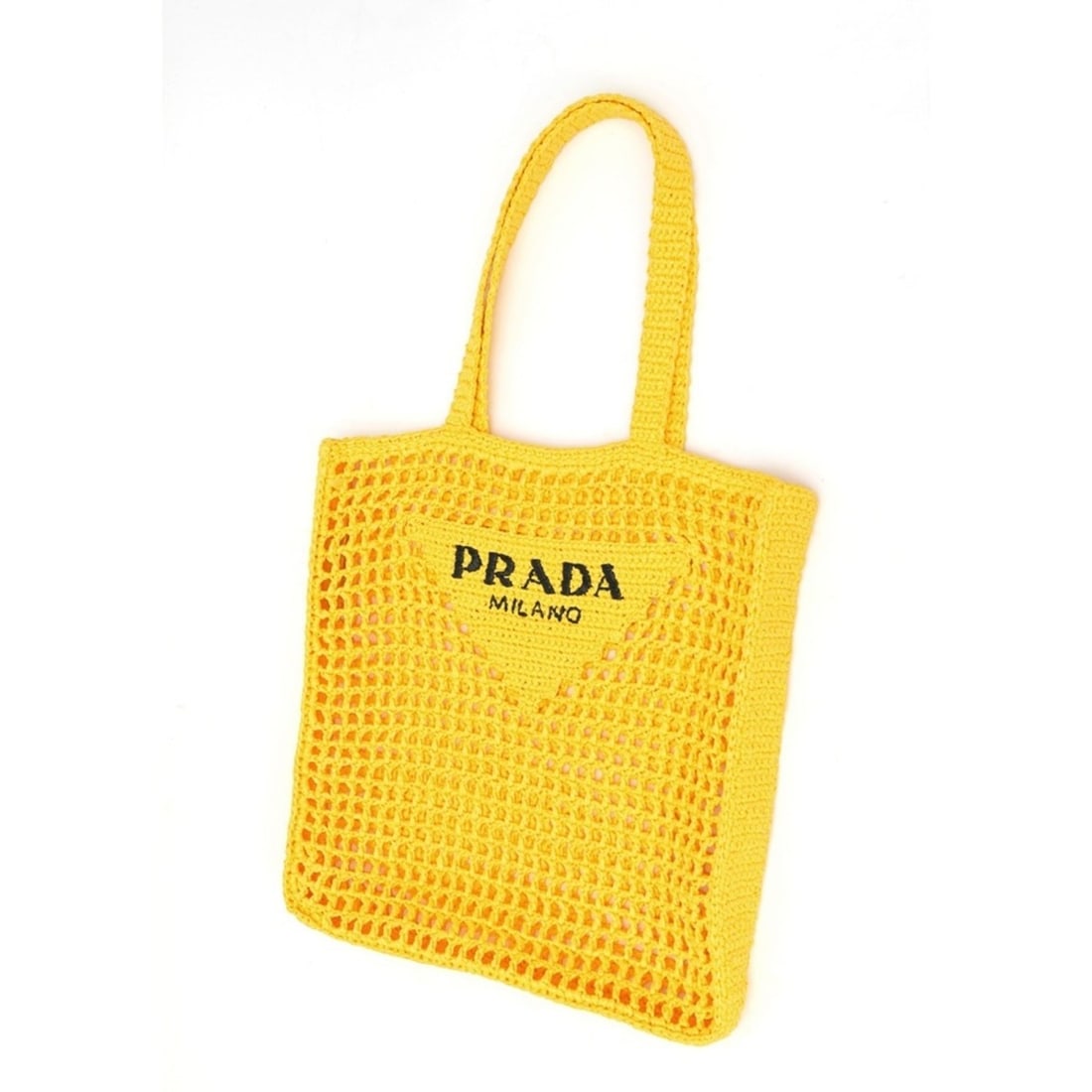 Prada crochet tote bag 1BG393, raffia-like, yellow, K-158893: --- Catalog ---Category: SizeSize (HxWxD): 38cm x 36cm x 3cm / 14.96'' x 14.17'' x 1.18''Category: DesignType: Tote bagColor: YellowGender: WomenCategory: GeneralBrand: PradaCountry of Origin: Italy--