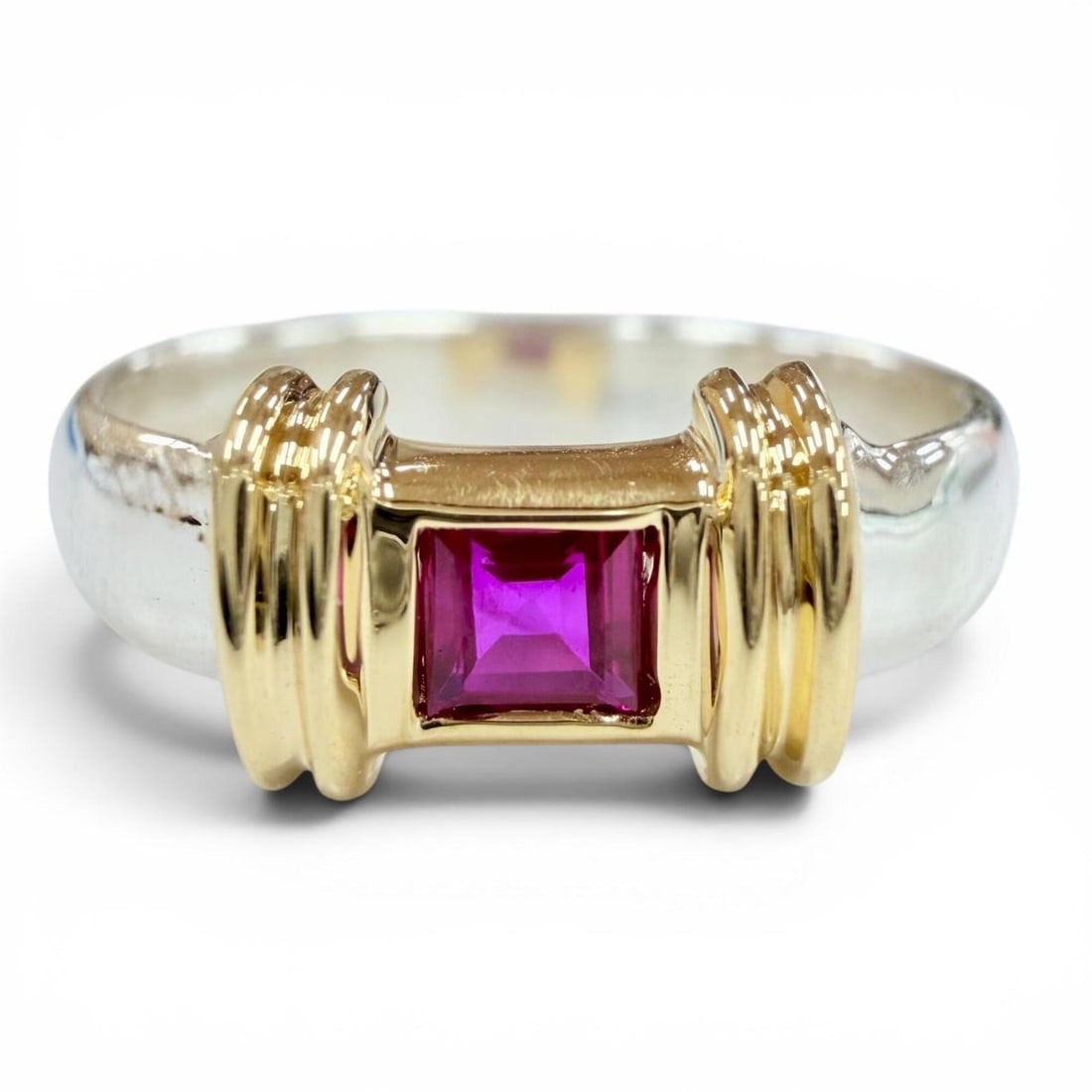 TIFFANY&Co. Tiffany Vintage Stacking Band Ring, 925/750 Sterling Silver with 1 Ruby, Silver/Gold, (1 of 10)