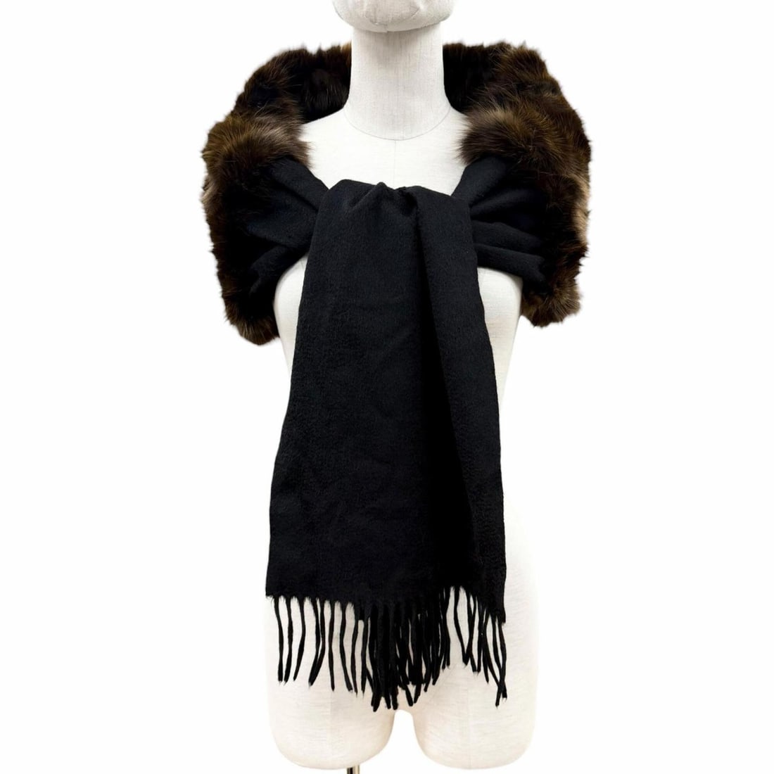 FENDI 100% Cashmere Stole/Scarf with Leather Trim and Fox Fur Fringe - Brown/Black Made in Italy (1 of 11)
