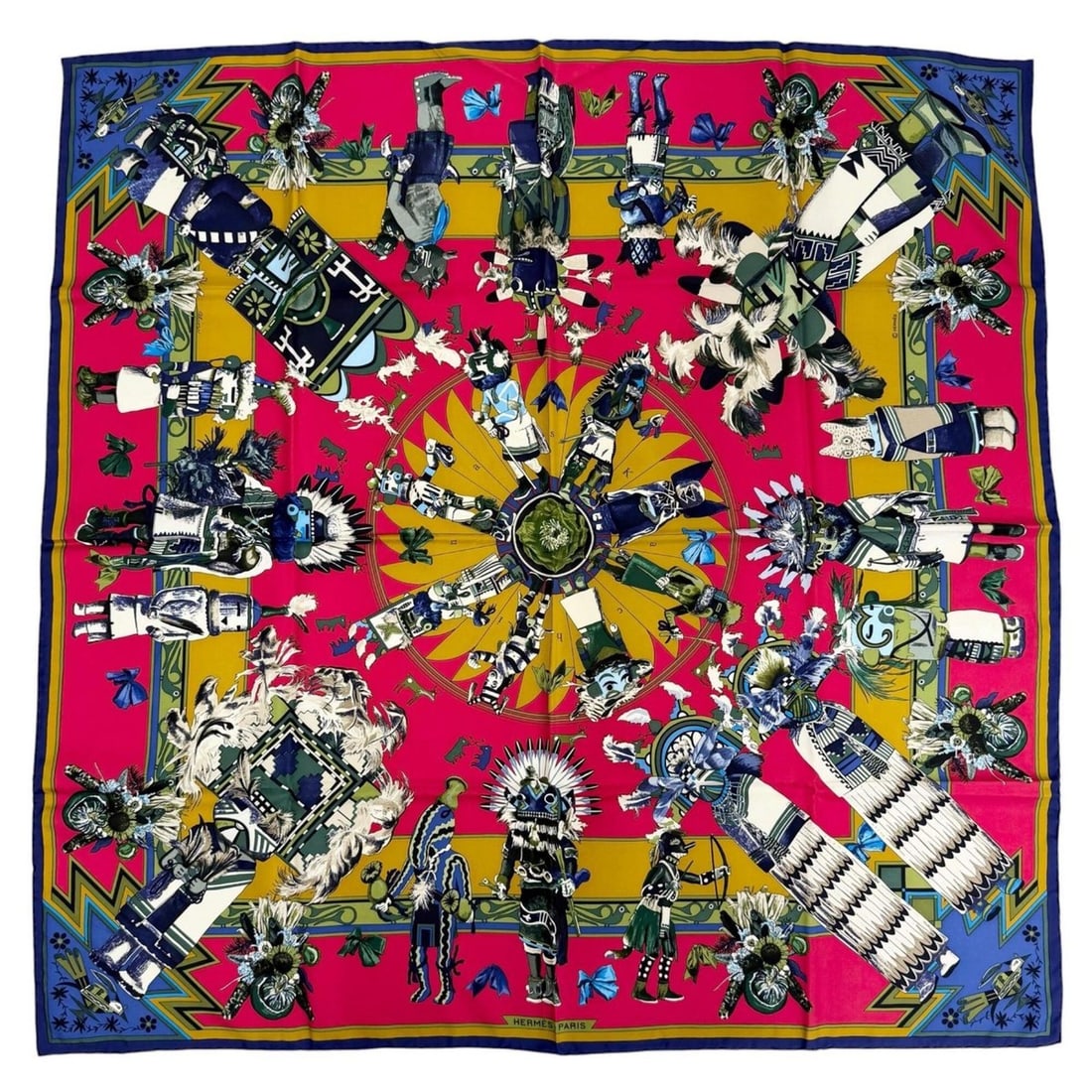 HERMES Kachinas (Kachina/Hopi tribe) Carre 90 100% Silk Scarf/Muffler, Red/Navy, Made in Italy,: --- Catalog ---Category: SizeSize (LxW): 88cm x 87cm / 34.64'' x 34.25''Category: DesignType: ScarfColor: Navy, Red colorGender: WomenMaterial: Silk Category: GeneralBrand: HermesCountry of Origin: It