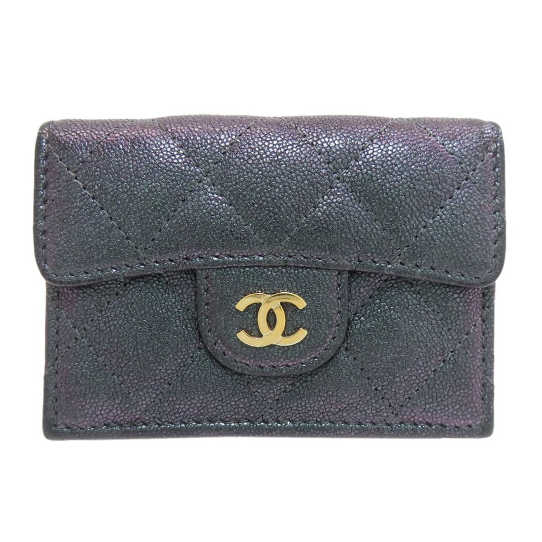 Chanel Matelassé Coco Mark Gold Hardware Tri-fold Wallet Calfskin Women's CHANEL: --- Catalog ---Category: SizeSize (HxWxD): 7cm x 10cm x 2.5cm / 2.75'' x 3.93'' x 0.98''Category: DesignType: Wallet (tri-fold)Color: Black, Metallic, PurpleGender: WomenMaterial: Leather Leather/Fur 