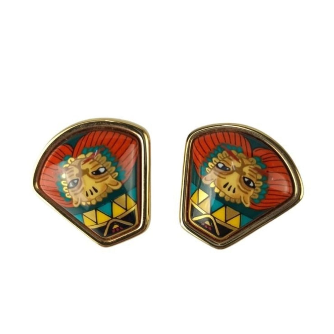 HERMES earrings, enamel, multicolor, metal x cloisonné, women's, lion, animal, fan shape.: --- Catalog ---Category: SizeSize (HxWxD): 27.00mm x 27.00mm / 1.06'' x 1.06''Category: DesignType: Clip earringsColor: Multi-colorGender: WomenMaterial: Cloisonné/enamel, MetalCategory: GeneralBrand