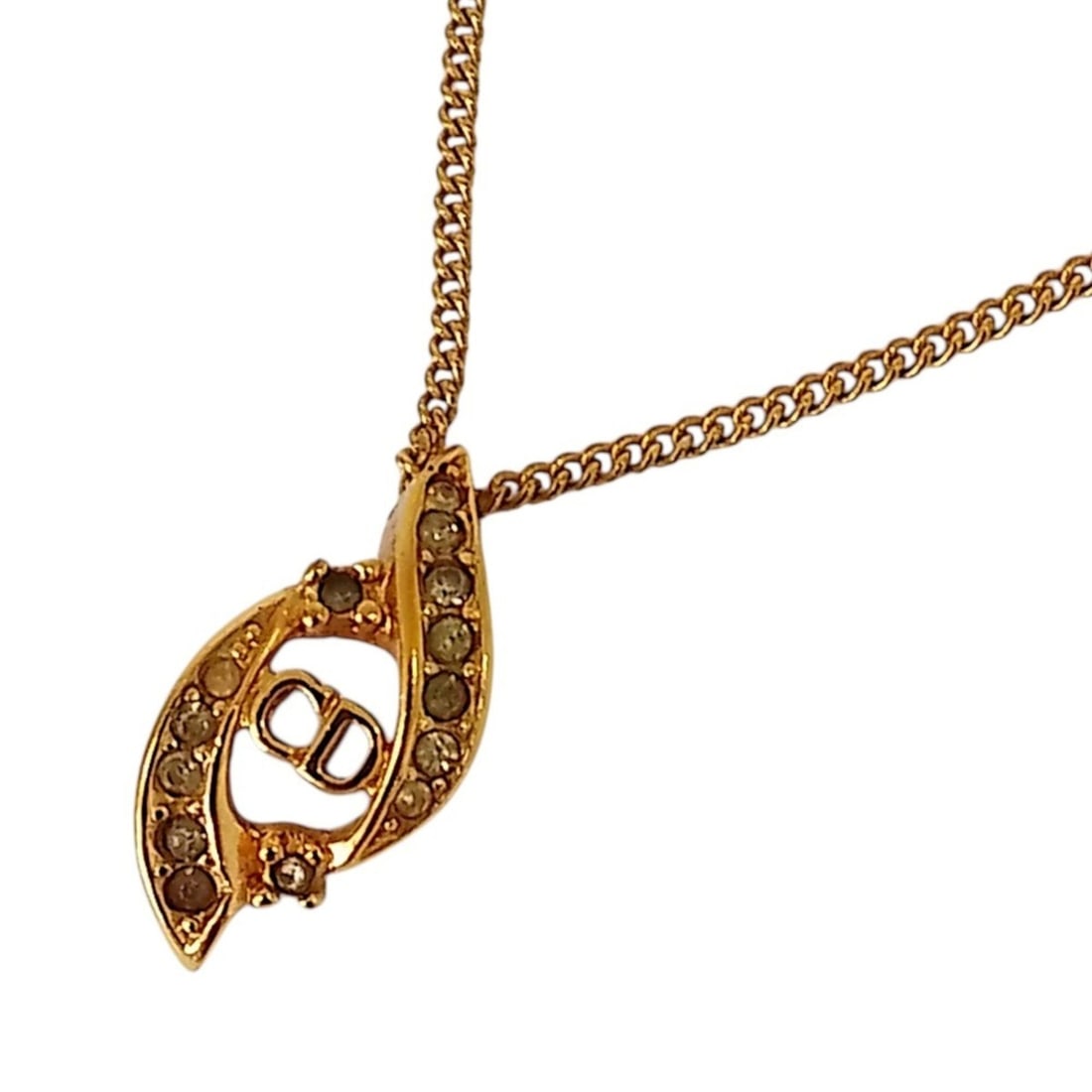 Christian Dior Vintage Logo Rhinestone Necklace, GP Gold Color, Women's: --- Catalog ---Category: SizeWeight: 4.8g / 0.16oz.Pendant Size: 22mm x 10mm / 0.86'' x 0.39''Neck Circumference: 37.5 cm / 14.76''Category: DesignColor: GoldGender: WomenSeason: VintageClosure: Sprin
