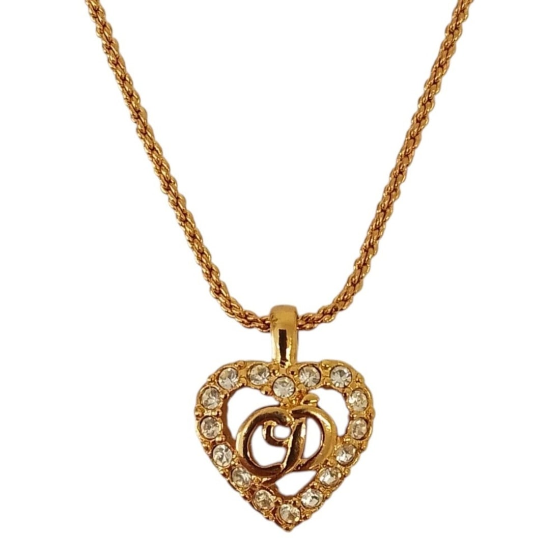 Christian Dior Vintage Logo Rhinestone Necklace, GP Gold Color, Women's: --- Catalog ---Category: SizeWeight: 7.6g / 0.26oz.Pendant Size: 15mm x 15mm / 0.59'' x 0.59''Neck Circumference: 44 cm / 17.32''Category: DesignColor: GoldGender: WomenSeason: VintageClosure: Spring 