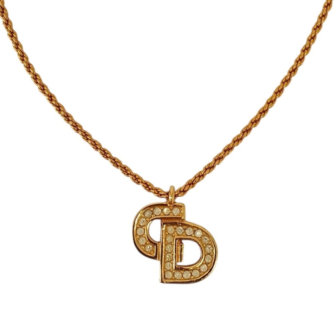 Christian Dior Vintage CD Logo Rhinestone Necklace GP Gold Women's: --- Catalog ---Category: SizeWeight: 6.4g / 0.22oz.Pendant Size: 13mm x 15mm / 0.51'' x 0.59''Neck Circumference: 43 cm / 16.92''Category: DesignColor: GoldStone: RhinestoneGender: WomenSeason: Vintag