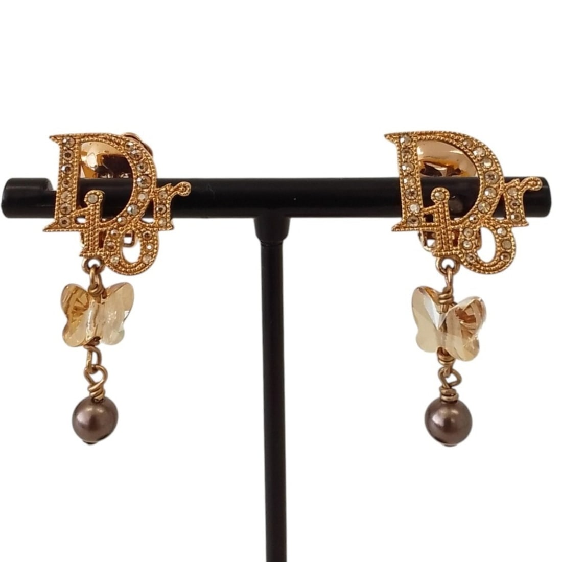 Christian Dior Rhinestone Logo Butterfly Pearl Swing Earrings, GP Gold Color, Women's: --- Catalog ---Category: SizeWeight: 5.7g / 0.2oz.Size (HxWxD): 35.00mm x 15.00mm / 1.38'' x 0.59''Category: DesignType: Clip earringsColor: GoldStone: Pearl, RhinestoneGender: WomenCategory: GeneralB