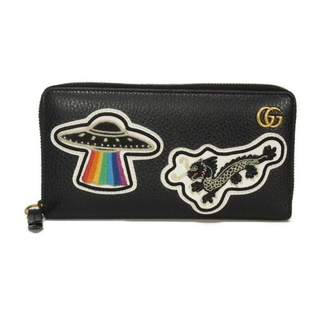 Gucci GG Marmont Courier Zip-Around Wallet with Embroidery and Applique, Round Zipper, UFO Dragon: --- Catalog ---Category: SizeSize (HxWxD): 10cm x 19cm x 2.2cm / 3.93'' x 7.48'' x 0.86''Category: DesignType: Long wallet (bi-fold)Color: BlackGender: Men,WomenMaterial: Leather Category: GeneralMPN: