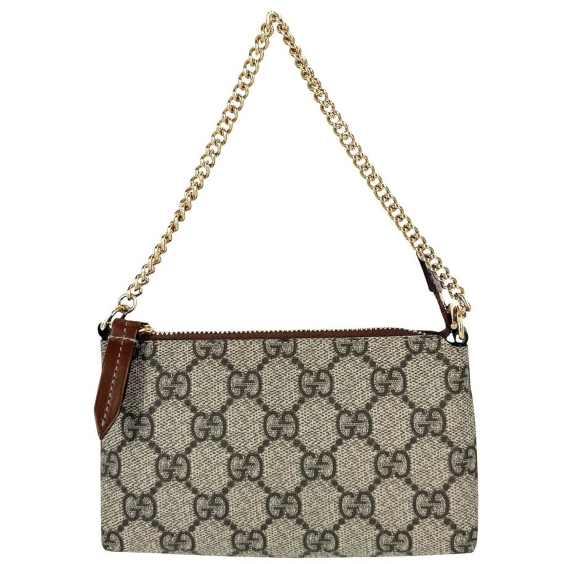 Gucci handbag for women, GG Supreme accessory pouch, small size, GUCCI 431716, canvas, leather,: --- Catalog ---Category: SizeSize (HxWxD): 9cm x 15.5cm x 2.5cm / 3.54'' x 6.1'' x 0.98''Category: DesignType: HandbagColor: Beige, BrownGender: WomenMaterial: GG canvas , Leather Category: GeneralBra