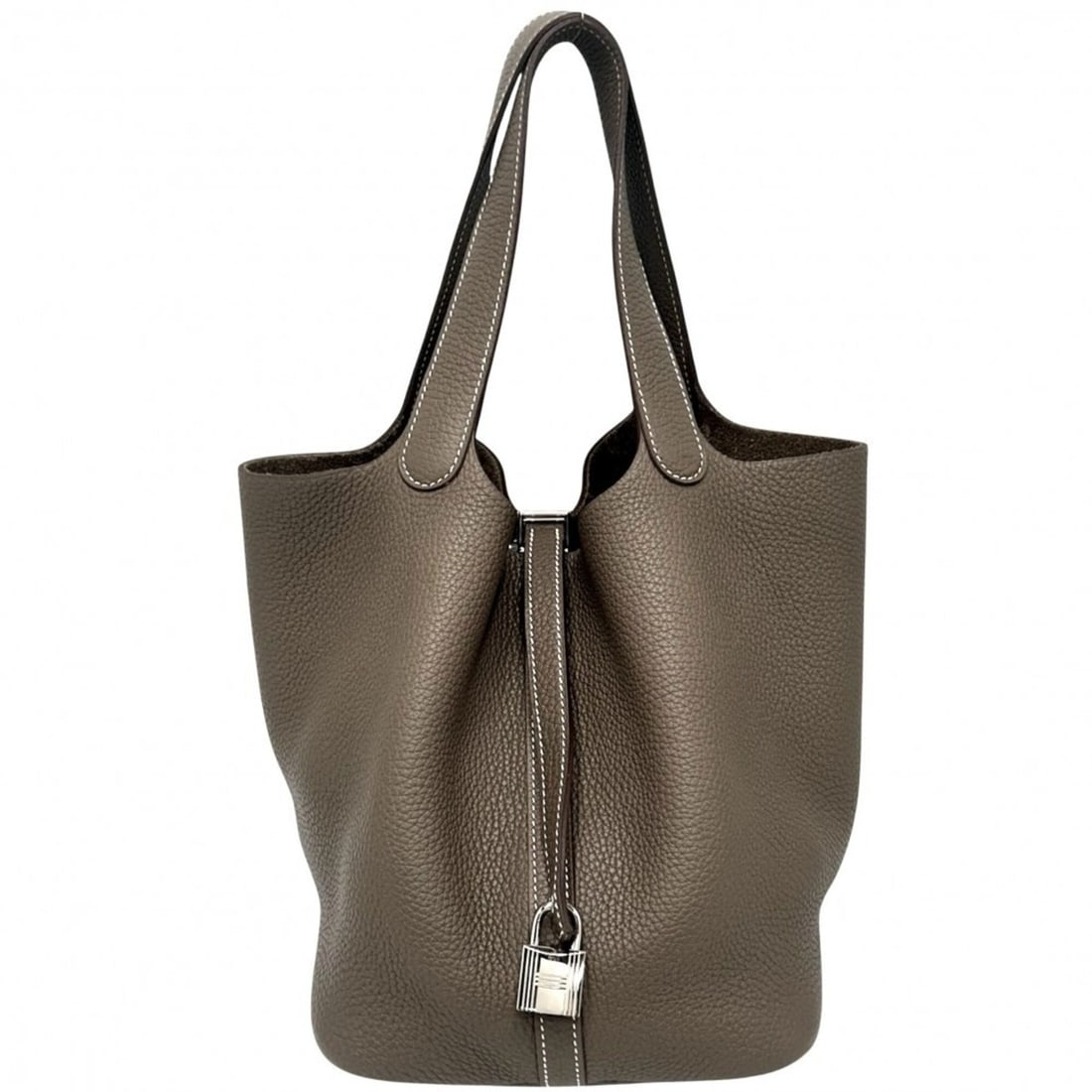 Hermes Picotin Lock MM handbag for women, brown, HERMES Y stamp, Taurillon Clemence leather, Etoupe: --- Catalog ---Category: SizeSize (HxWxD): 22cm x 17cm x 22cm / 8.66'' x 6.69'' x 8.66''Category: DesignType: HandbagColor: Etoupe grayGender: WomenMaterial: Taurillon clemence leather Category: Gener