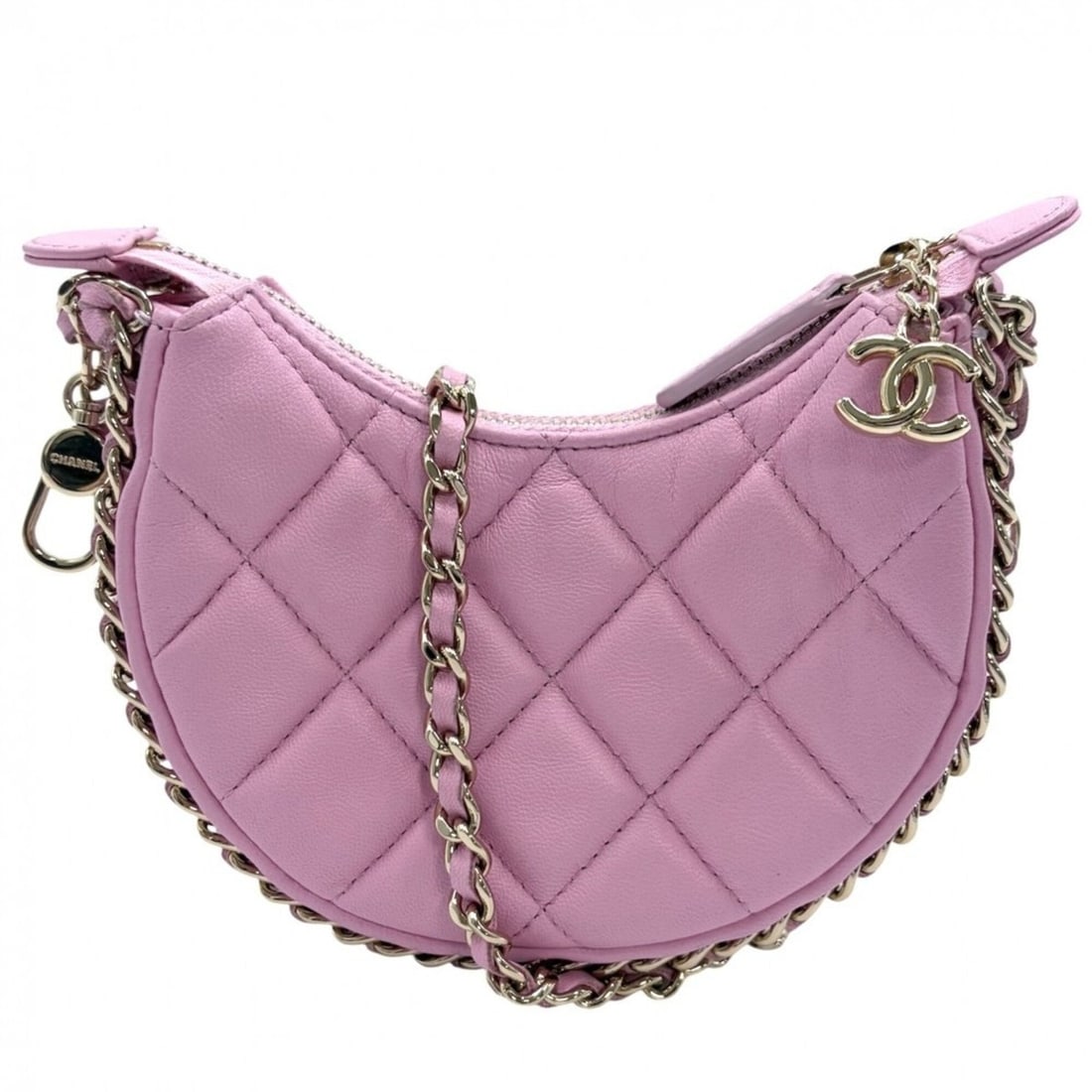 Chanel Women's Small Hobo Shoulder Bag, Crossbody Mini Chain Matelassé Pouch, CHANEL Leather, Pink,: --- Catalog ---Category: SizeSize (HxWxD): 9cm x 13cm x 5cm / 3.54'' x 5.11'' x 1.96''Category: DesignType: Pochette, Shoulder bagColor: PinkGender: WomenMaterial: Leather Category: GeneralBrand: Chan