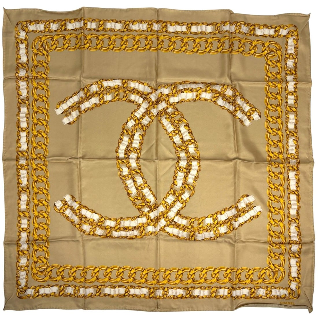 Chanel Coco Mark Scarf/Muffler, Chain Pattern, Silk, Beige, Gold, Women's: --- Catalog ---Category: SizeSize (LxW): 95cm x 97.5cm / 37.4'' x 38.38''Category: DesignType: ScarfColor: BeigeGender: WomenMaterial: Silk Category: GeneralBrand: Chanel--- Item List ---Section: Cond