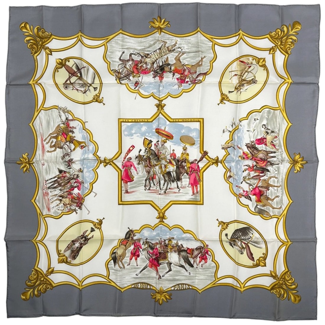 Hermes Carre 90 LES CHEVAUX DES MOGHOLS (Mughal Horses) Scarf/Muffler, Silk, Gray Multicolor,: --- Catalog ---Category: SizeSize (LxW): 88cm x 89cm / 34.64'' x 35.03''Category: DesignType: ScarfColor: Gray, Multi-colorGender: WomenMaterial: Silk Category: GeneralBrand: Hermes--- Item List ---Se