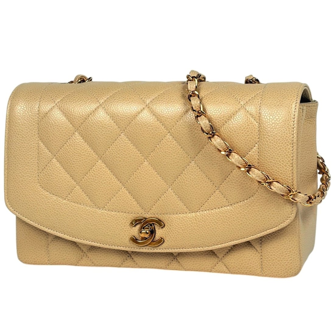 Chanel Diana Matelassé Single Flap Chain Shoulder Bag, Coco Mark, Caviar Leather, Beige, Women's: --- Catalog ---Category: SizeSize (HxWxD): 15cm x 25cm x 7.5cm / 5.9'' x 9.84'' x 2.95''Category: DesignType: Shoulder bagColor: BeigeGender: WomenMaterial: Grained Calfskin Category: GeneralBrand: Ch