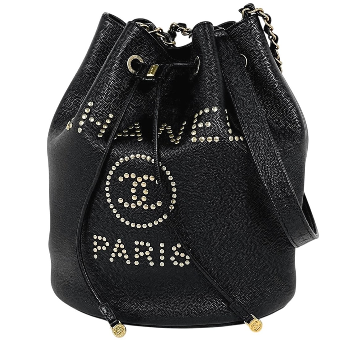 Chanel Deauville Shoulder Bag, Studded, Drawstring, Caviar Leather, Black, Women's: --- Catalog ---Category: SizeSize (HxWxD): 28cm x 23cm x 17cm / 11.02'' x 9.05'' x 6.69''Category: DesignType: Shoulder bagColor: BlackGender: WomenMaterial: Grained Calfskin Category: GeneralBrand: C