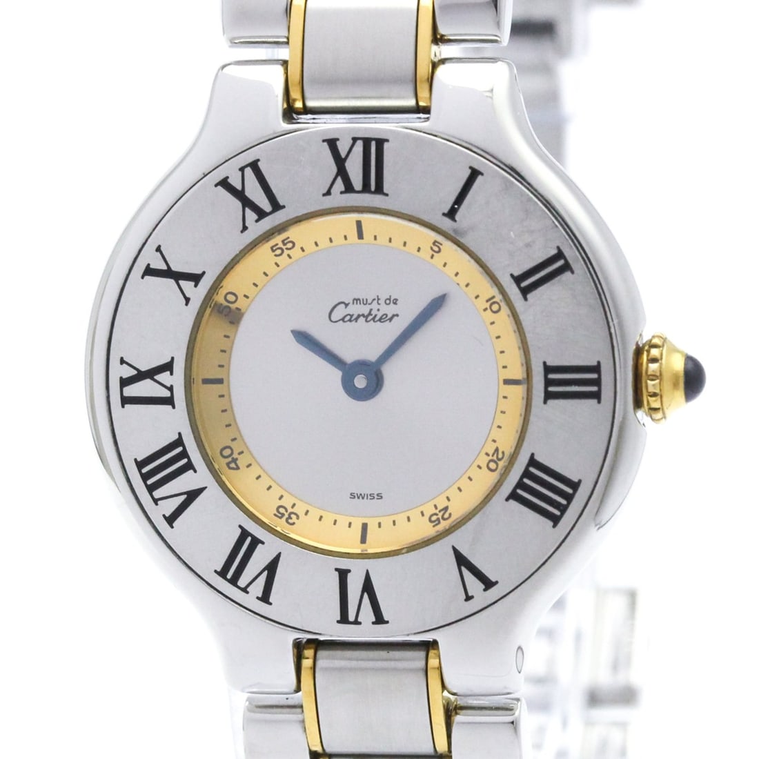 CARTIER Must 21 Gold Plated Steel Quartz Ladies Watch W10075R6 Polished: --- Catalog ---Category: SizeCase Diameter: 28mm / 1.1''Category: DesignType: WristwatchStyle: Dress/FormalGender: WomenColor (Dial): SilverMaterial (Band): Gold plated, Stainless steelMaterial (Case)