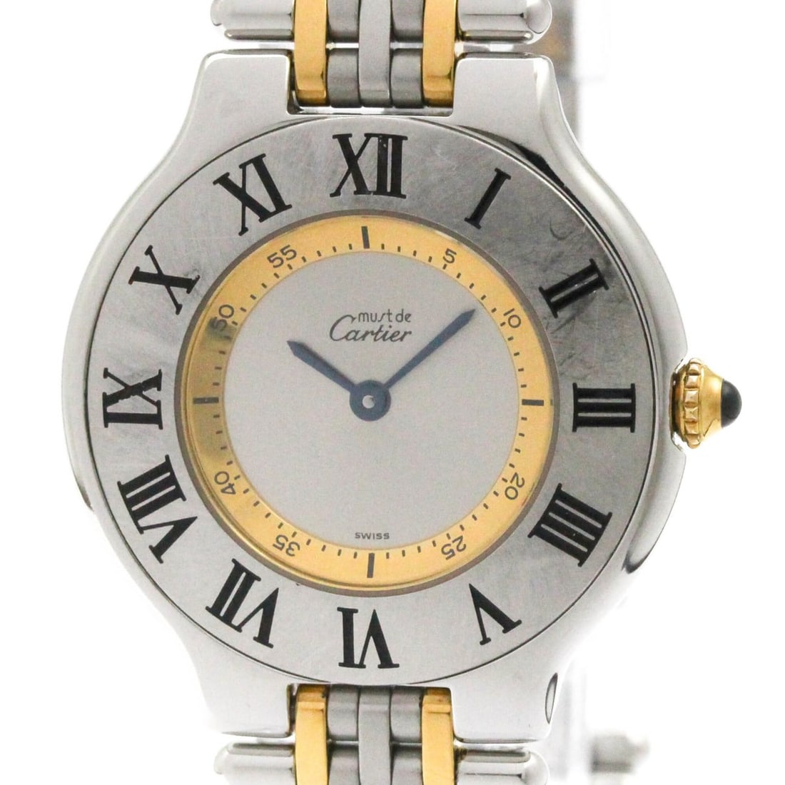 CARTIER Must 21 Gold Plated Steel Quartz Unisex Watch W10074F4 Polished: --- Catalog ---Category: SizeCase Diameter: 31mm / 1.22''Category: DesignType: WristwatchStyle: Dress/FormalGender: UnisexColor (Dial): SilverMaterial (Band): Gold plated, Stainless steelMaterial (Cas