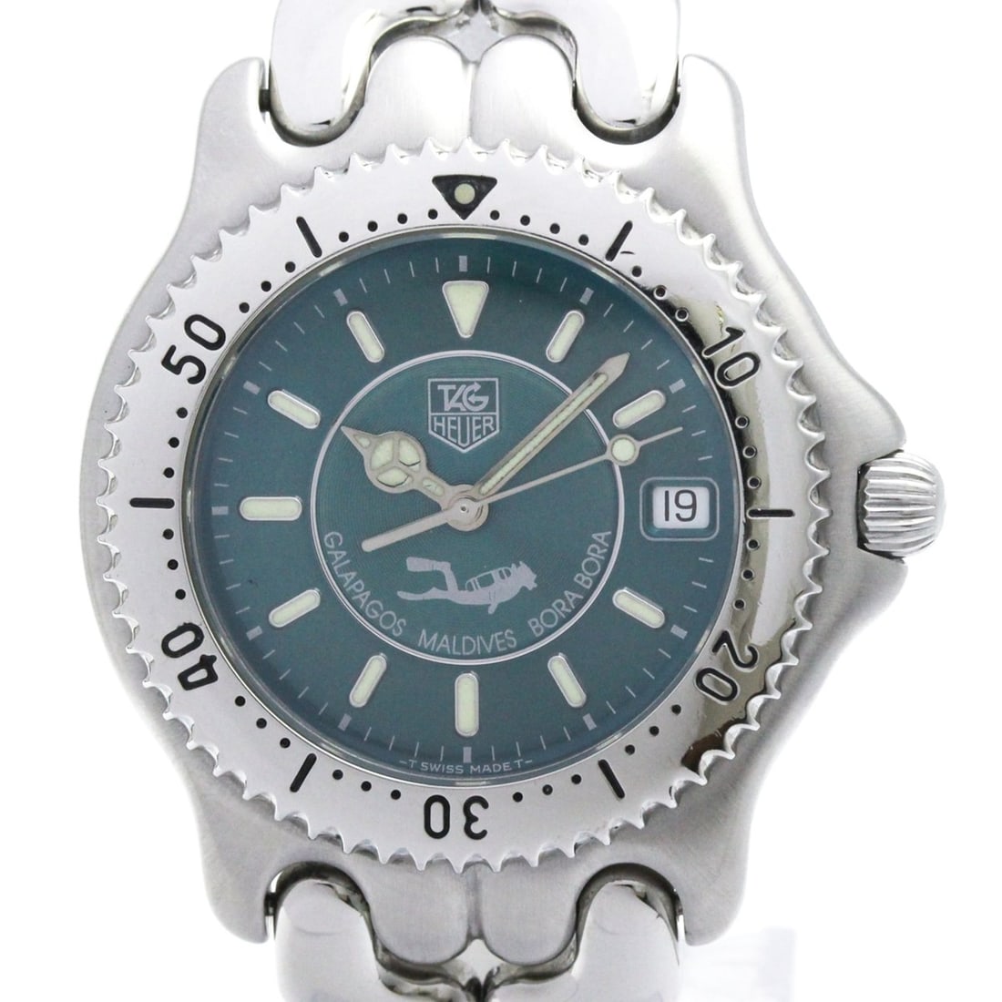 TAG HEUER Sel Galapagos Maldives Bora Bora Mens Watch WG111K Polished: --- Catalog ---Category: SizeCase Diameter: 38mm / 1.5''Category: DesignType: WristwatchStyle: SportGender: MenColor (Dial): GreenMaterial (Band): Stainless steelMaterial (Case): Stainless steelCatego