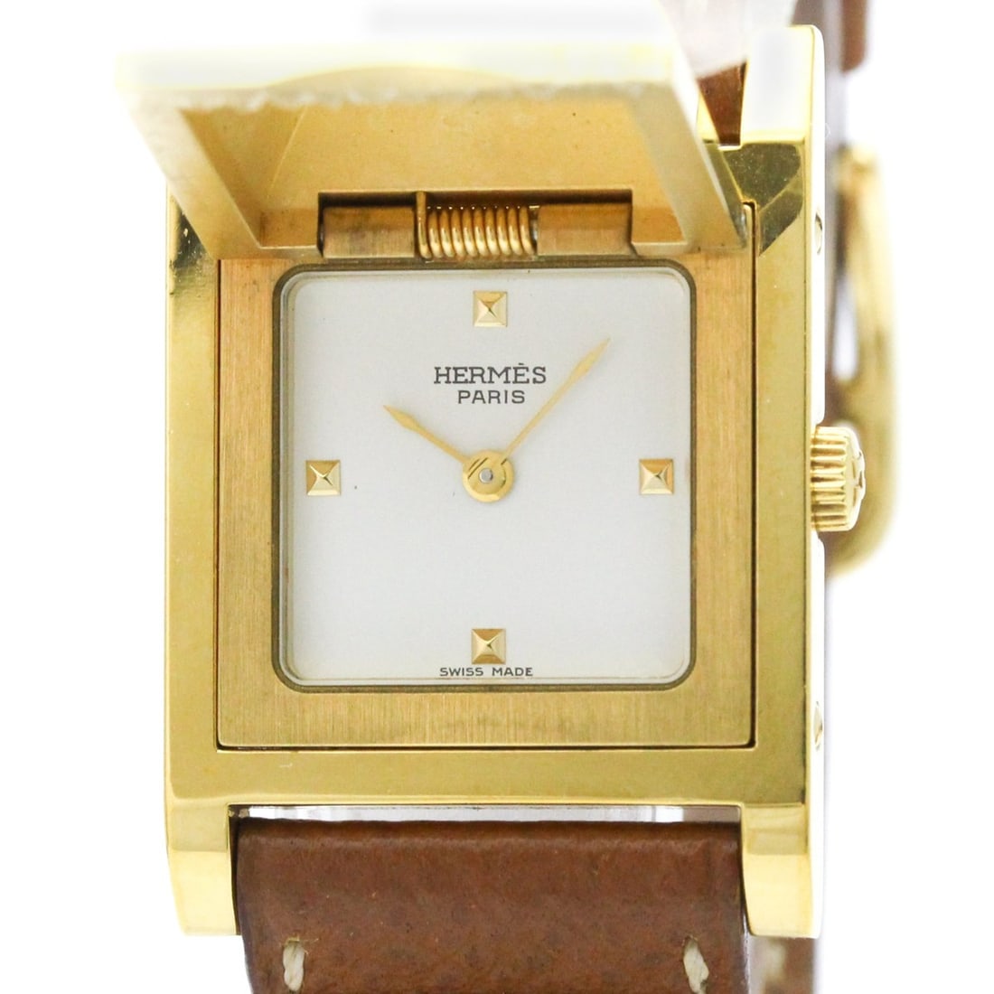 HERMES Medor Gold Plated Leather Quartz Ladies Watch: --- Catalog ---Category: SizeCase Diameter: 23mm / 0.91''Category: DesignType: WristwatchStyle: Dress/FormalGender: WomenColor (Dial): WhiteMaterial (Band): LeatherMaterial (Case): Gold platedCategory