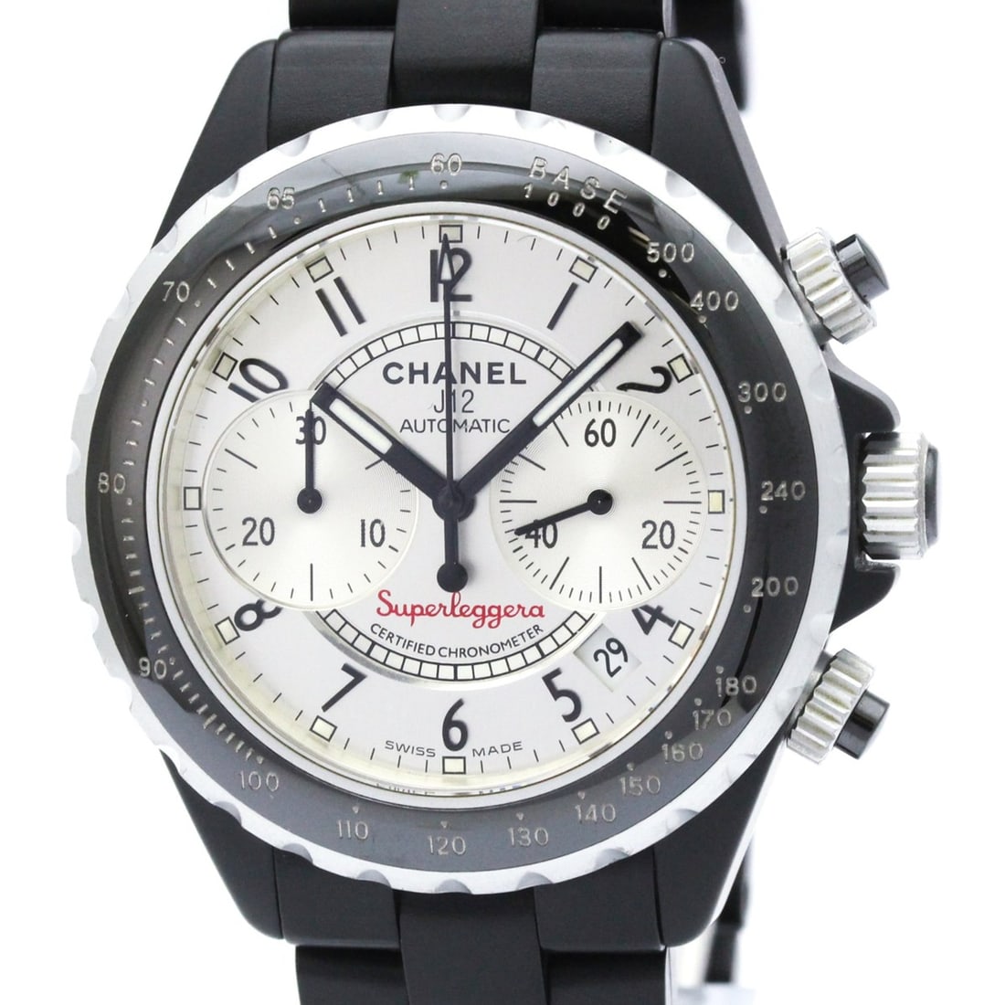 CHANEL J12 Super Leggera Chronograph Aluminium Rubber Watch H2039: --- Catalog ---Category: SizeCase Diameter: 41mm / 1.61''Category: DesignType: WristwatchStyle: SportGender: MenColor (Dial): SilverMaterial (Band): RubberMaterial (Case): CeramicCategory: GeneralLine