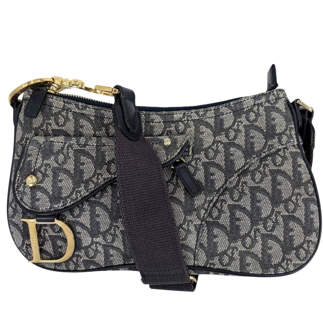 Christian Dior Women's Trotter Saddle Bag Shoulder - Canvas and Leather, Navy Blue with Gold: --- Catalog ---Category: SizeSize (HxWxD): 15cm x 26.5cm x 4cm / 5.9'' x 10.43'' x 1.57''Category: DesignType: Saddle bag, Shoulder bagColor: NavyGender: WomenMaterial: Canvas , Leather Category: Gene