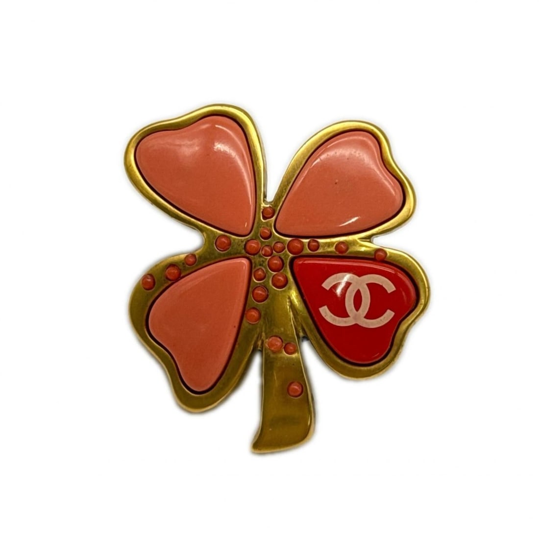 CHANEL Clover Coco Mark Brooch GP - Gold Pink Red Plastic for Women: --- Catalog ---Category: SizeWeight: 33g / 1.16oz.Size (HxWxD): 4.2cm x 5cm / 1.65'' x 1.96''Category: DesignType: BroochColor: Gold, Pink, Red colorFinish: Gold platedGender: WomenMaterial: PlasticCa