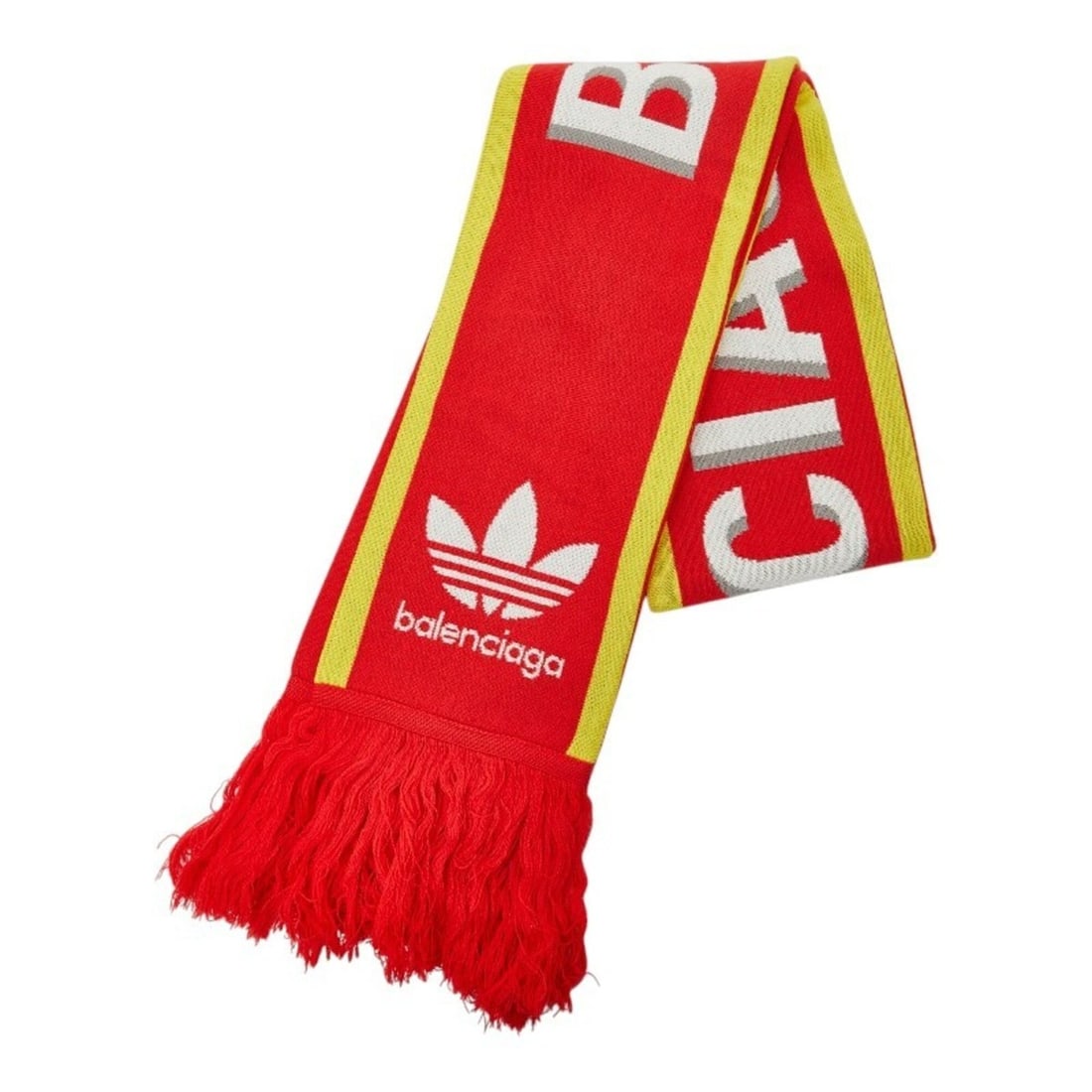 Balenciaga x adidas soccer scarf/muffler, 724010, red/yellow, acrylic/wool, women's.: --- Catalog ---Category: SizeSize (LxW): 1.64m x 15cm / 64.56'' x 5.9''Category: DesignType: ScarfColor: Red color, YellowGender: WomenMaterial: Acrylic , Wool Category: GeneralMPN: 724010Brand: Balen