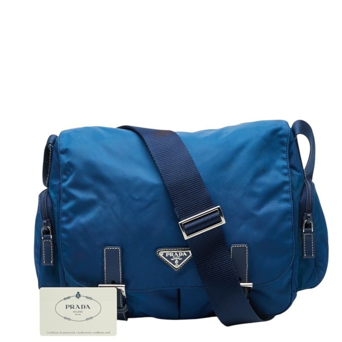 Prada Triangle Logo Plate Tessuto Crossbody Shoulder Bag Messenger BT0503 Blue Nylon Leather Women's: --- Catalog ---Category: SizeSize (HxWxD): 25cm x 28cm x 13cm / 9.84'' x 11.02'' x 5.11''Category: DesignType: Shoulder bagColor: BlueGender: WomenMaterial: Nylon , Leather Category: GeneralMPN: BT050