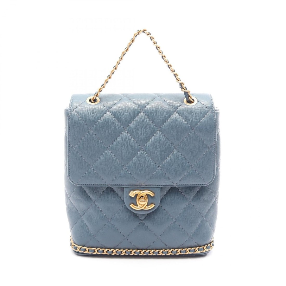 Chanel Matelassé Camellia Chain Around Backpack/Handbag, Caviar Leather (Grained Calfskin),: --- Catalog ---Category: SizeSize (HxWxD): 23cm x 21cm x 9cm / 9.05'' x 8.26'' x 3.54''Category: DesignType: Backpack, HandbagColor: BlueGender: WomenMaterial: Grained Calfskin Hardware Color: GoldCat