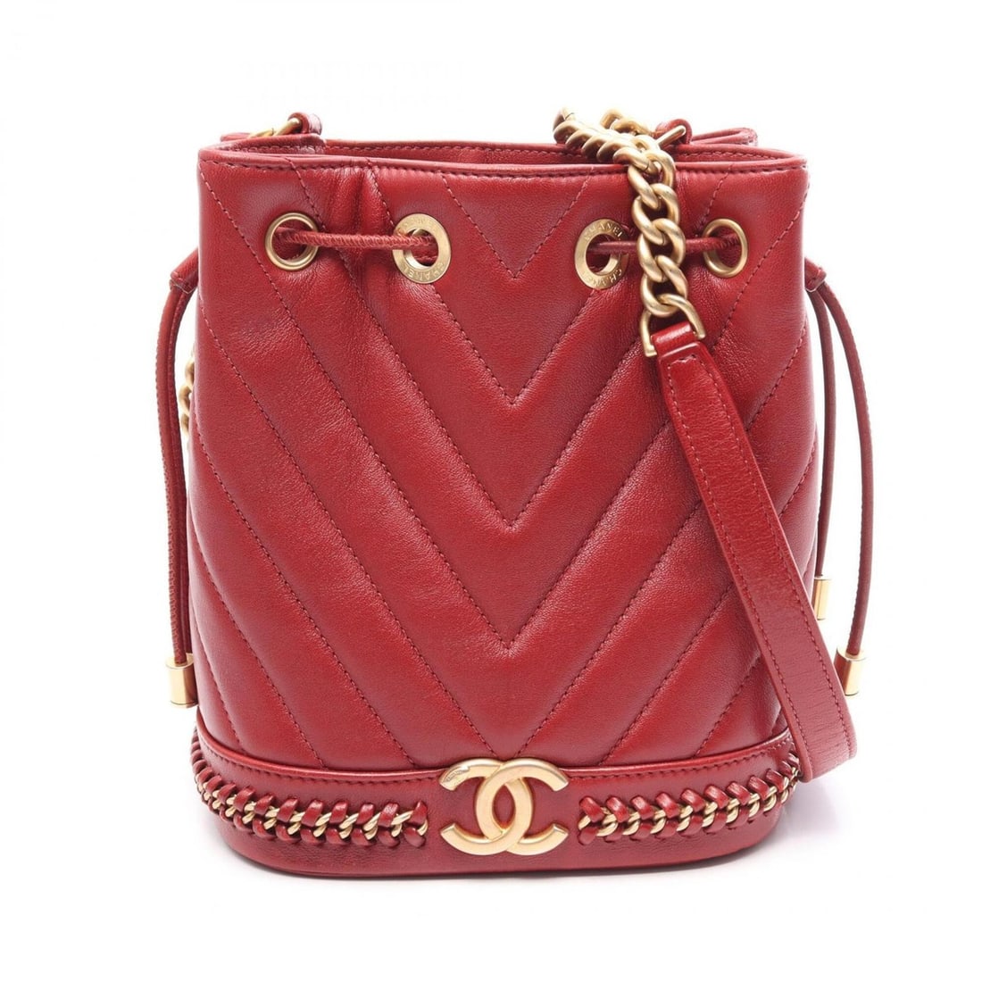 Chanel Chevron V-stitch Drawstring Bucket Bag Shoulder Handbag Leather Women's Red (1 of 13)