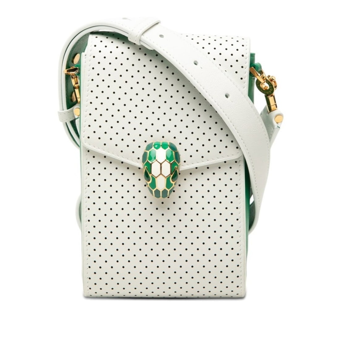 BVLGARI x Casablanca Serpenti Perforated Shoulder Bag, White and Green Leather, Women's.: --- Catalog ---Category: SizeSize (HxWxD): 18cm x 11cm x 4.5cm / 7.08'' x 4.33'' x 1.77''Category: DesignType: Shoulder bagColor: Green, WhiteGender: WomenMaterial: Leather Category: GeneralBrand: Bvl