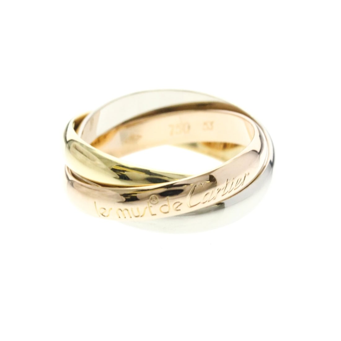 Cartier Trinity Ring Yellow Gold (18K),Pink Gold (18K),White Gold (18K) Fashion No Stone Band Ring: --- Catalog ---Category: SizeWidth: 3.4mm / 0.13''Weight: 8.2g / 0.28oz.JP Size: 13US Size: 6 1/4Brand Size: 53Category: DesignType: Band ringColor: GoldMetal: Gold, White GoldStone: No StoneStyle: Fa