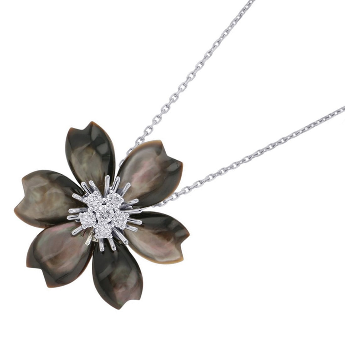 Van Cleef & Arpels Rose de Noël Clip Necklace, Small, Grey Mother-of-Pearl, 6 Diamonds (Total: --- Catalog ---Category: SizePendant Size: 31.5mm x 29.6mm / 1.24'' x 1.16''Neck Circumference: 47 cm / 18.5''Category: DesignGender: WomenMaterial: White gold (18K)Necklace Type: NecklaceCategory: Ge