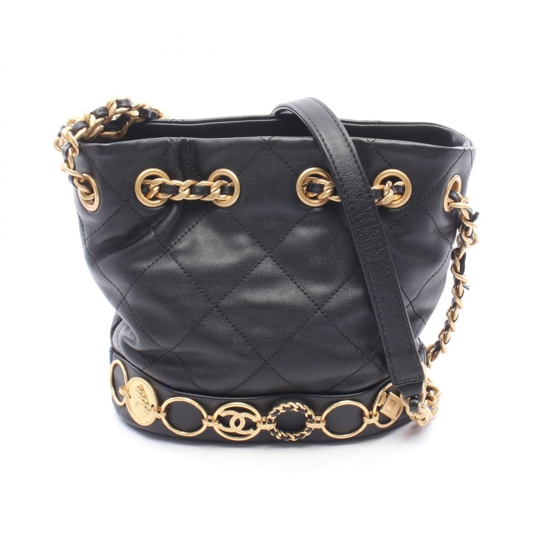 Chanel Matelassé Drawstring Bucket Bag, Small Shoulder Bag/Handbag, Lambskin Leather, Women's,: --- Catalog ---Category: SizeSize (HxWxD): 17.5cm x 18cm x 8cm / 6.88'' x 7.08'' x 3.14''Category: DesignType: Handbag, Shoulder bagColor: BlackGender: WomenMaterial: Leather Leather/Fur Type: Lambski