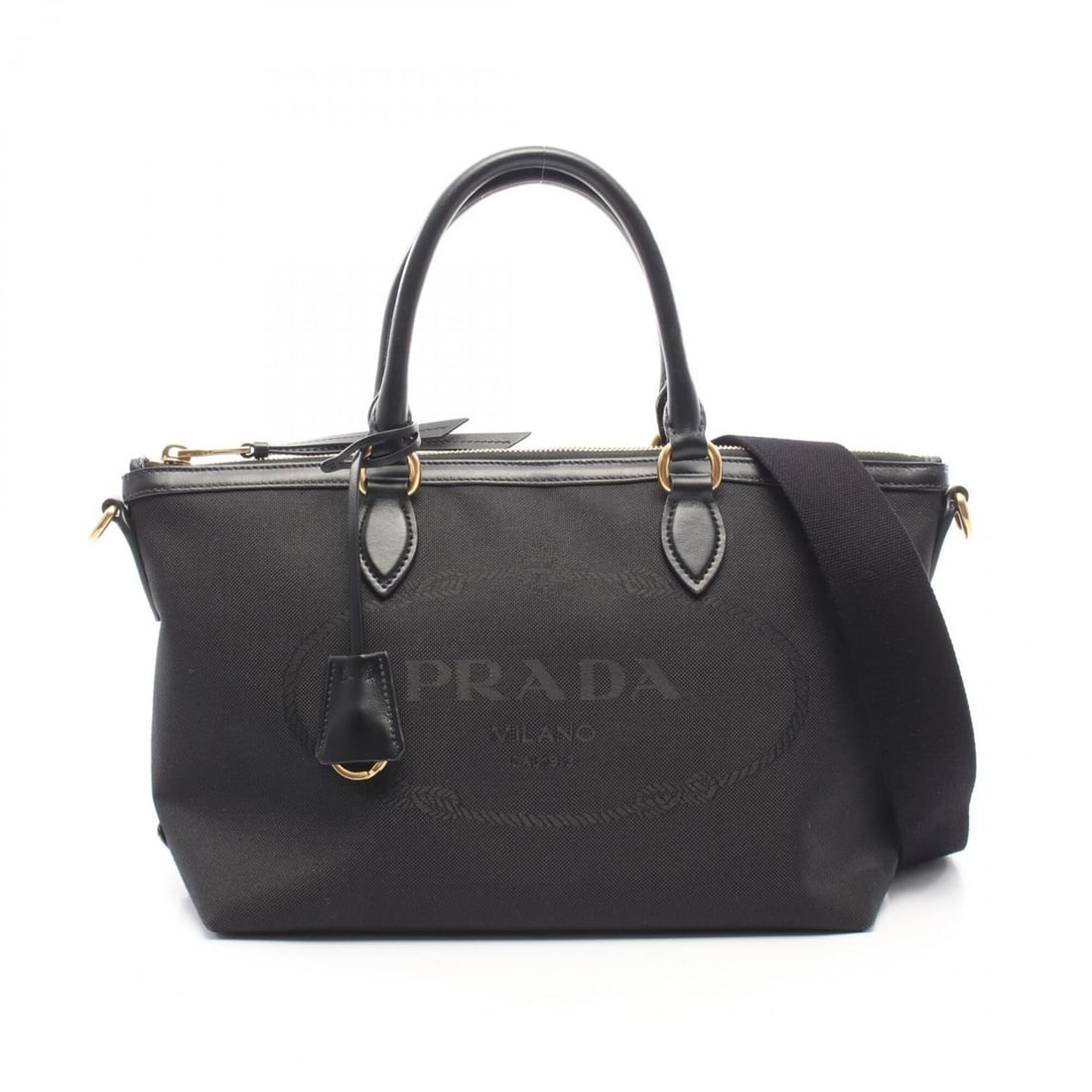 Prada LOGO JACQUARD 2-Way Handbag, Canvas and Leather, Women's, Black, 1BA104 (1 of 8)