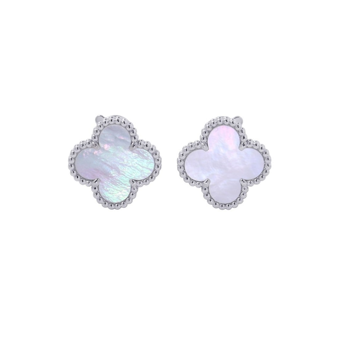 Van Cleef & Arpels Alhambra Earrings, Mother of Pearl, 18K White Gold, VCARF48600.: --- Catalog ---Category: SizeWeight: 7.8g / 0.27oz.Size (HxWxD): 15.10mm x 15.10mm / 0.59'' x 0.59''Category: DesignType: Stud earringsGender: WomenMaterial: White gold (18K)Category: GeneralLine: Alh